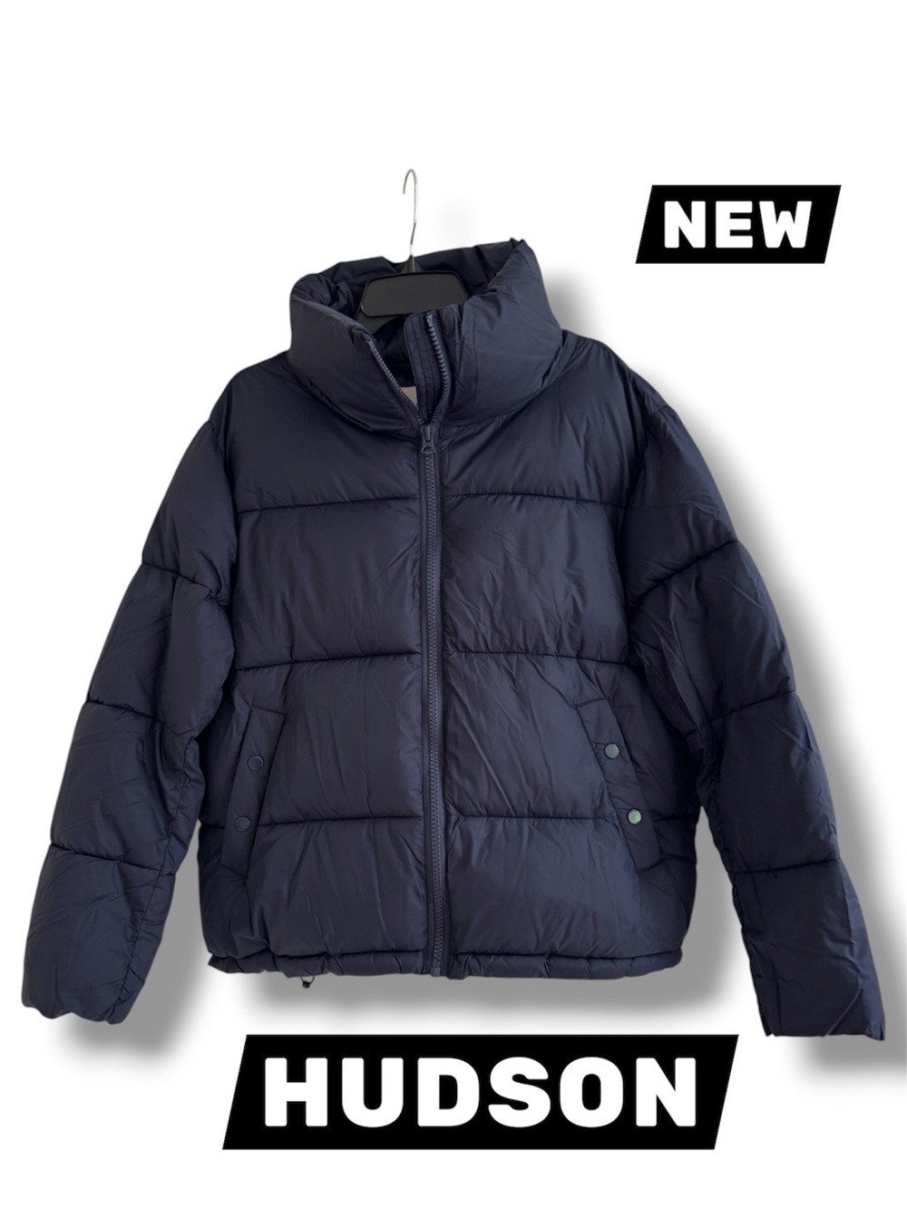 Hudson Womens Navy Puffer Jacket Stand Collar Cinch Ties at Hem